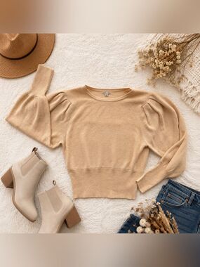 Habitual Girls 16 Tan Beige Ribbed Knit Sweater Puff Sleeve